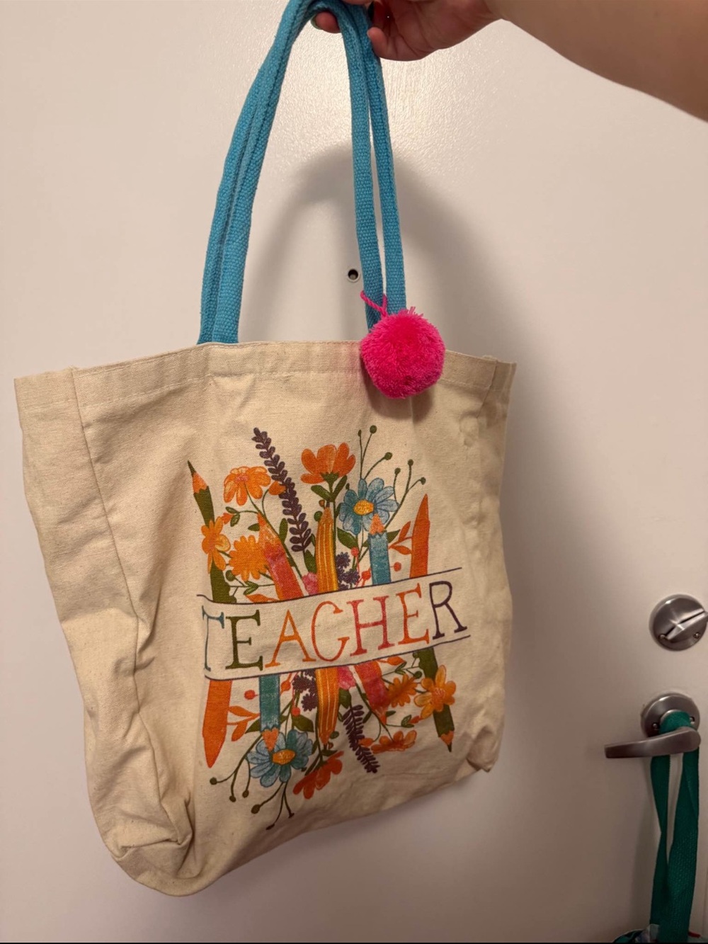 Floral 'Teacher' Canvas Tote Bag with Teal Handles and Pink Pom